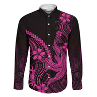 Pink Black Aloha Hawaii Family Matching Off The Shoulder Long Sleeve Dress and Hawaiian Shirt Polynesian Shark Tattoo With Plumeria LT14 Dad's Shirt - Long Sleeve Pink - Polynesian Pride
