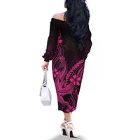 Pink Black Aloha Hawaii Family Matching Off The Shoulder Long Sleeve Dress and Hawaiian Shirt Polynesian Shark Tattoo With Plumeria LT14 - Polynesian Pride
