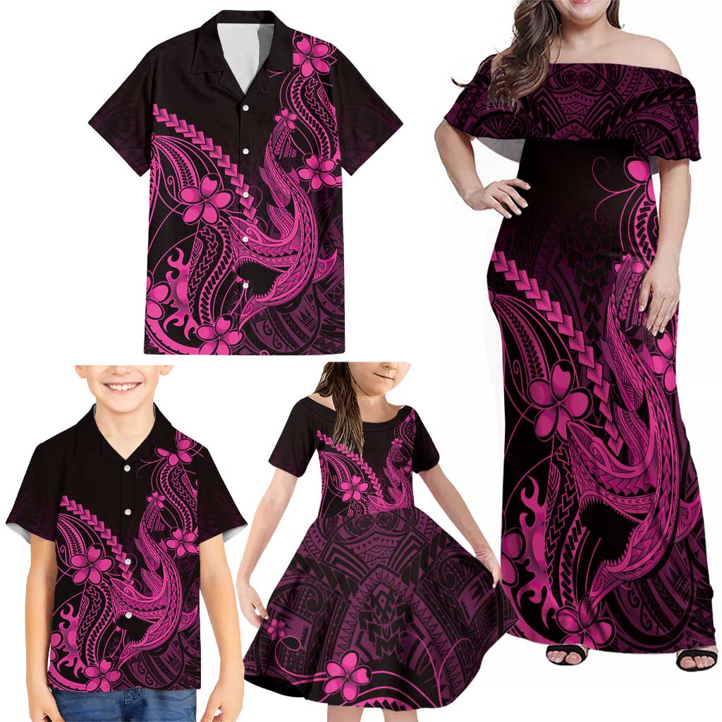 Pink Black Aloha Hawaii Family Matching Off Shoulder Maxi Dress and Hawaiian Shirt Polynesian Shark Tattoo With Plumeria LT14 - Polynesian Pride