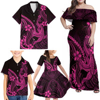 Pink Black Aloha Hawaii Family Matching Off Shoulder Maxi Dress and Hawaiian Shirt Polynesian Shark Tattoo With Plumeria LT14 - Polynesian Pride