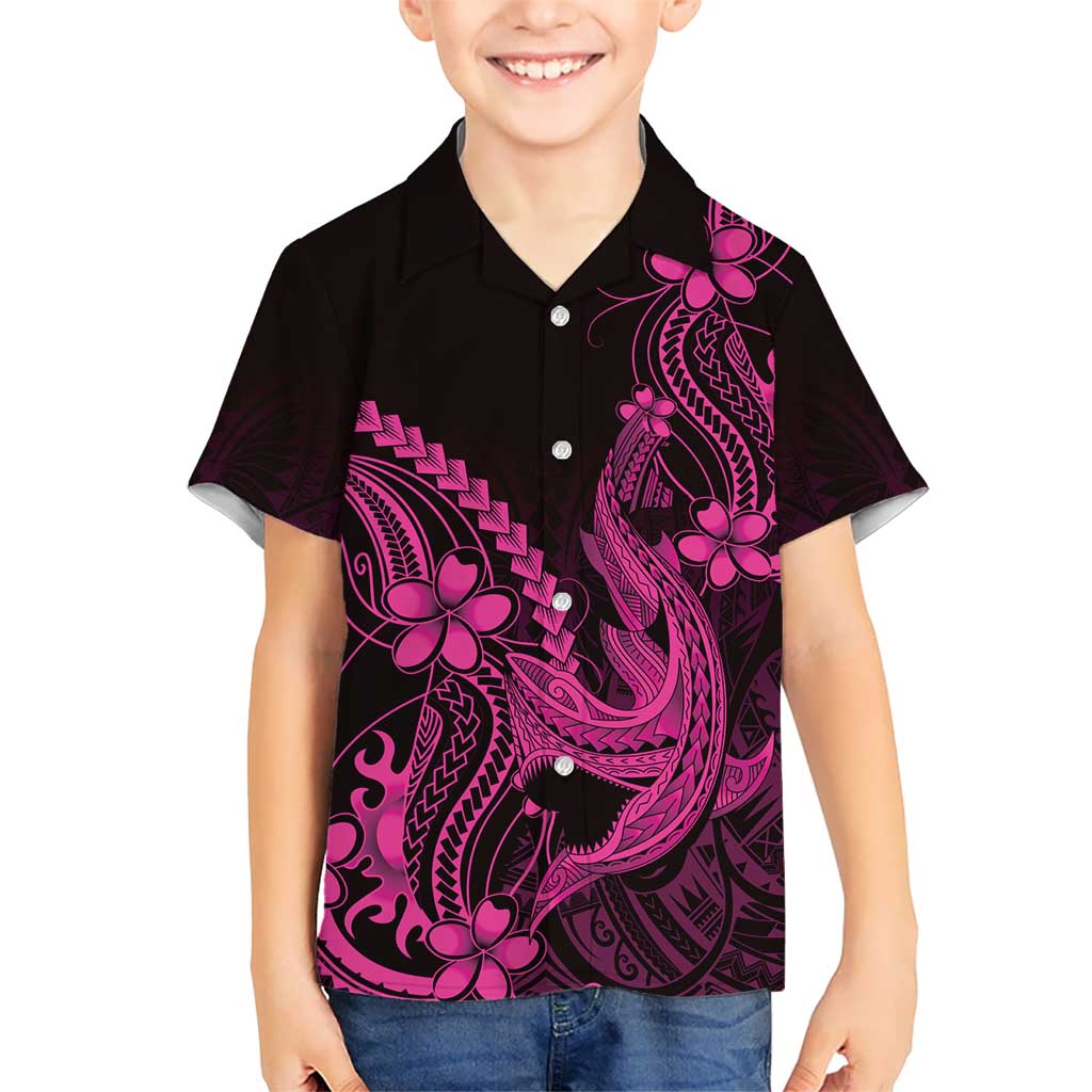 Pink Black Aloha Hawaii Family Matching Off Shoulder Maxi Dress and Hawaiian Shirt Polynesian Shark Tattoo With Plumeria LT14 Son's Shirt Pink - Polynesian Pride