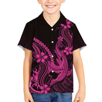 Pink Black Aloha Hawaii Family Matching Off Shoulder Maxi Dress and Hawaiian Shirt Polynesian Shark Tattoo With Plumeria LT14 Son's Shirt Pink - Polynesian Pride