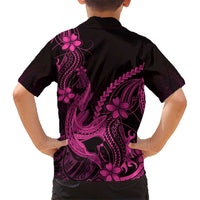 Pink Black Aloha Hawaii Family Matching Off Shoulder Short Dress and Hawaiian Shirt Polynesian Shark Tattoo With Plumeria LT14 - Polynesian Pride