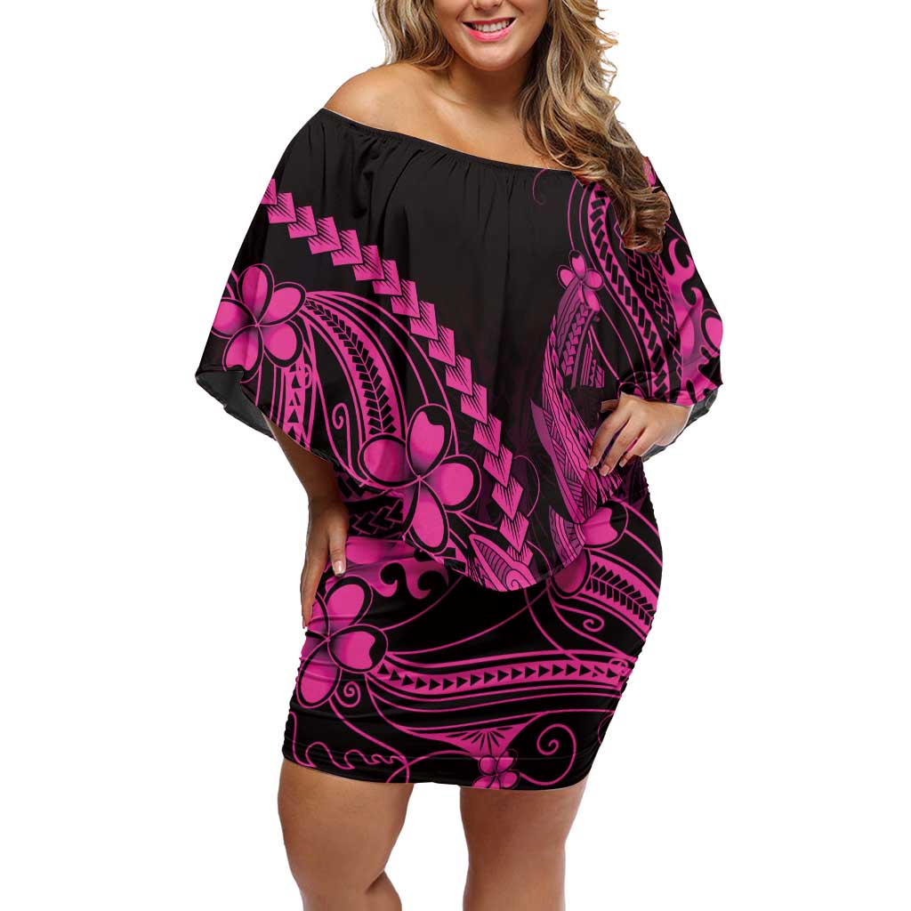 Pink Black Aloha Hawaii Family Matching Off Shoulder Short Dress and Hawaiian Shirt Polynesian Shark Tattoo With Plumeria LT14 Mom's Dress Pink - Polynesian Pride