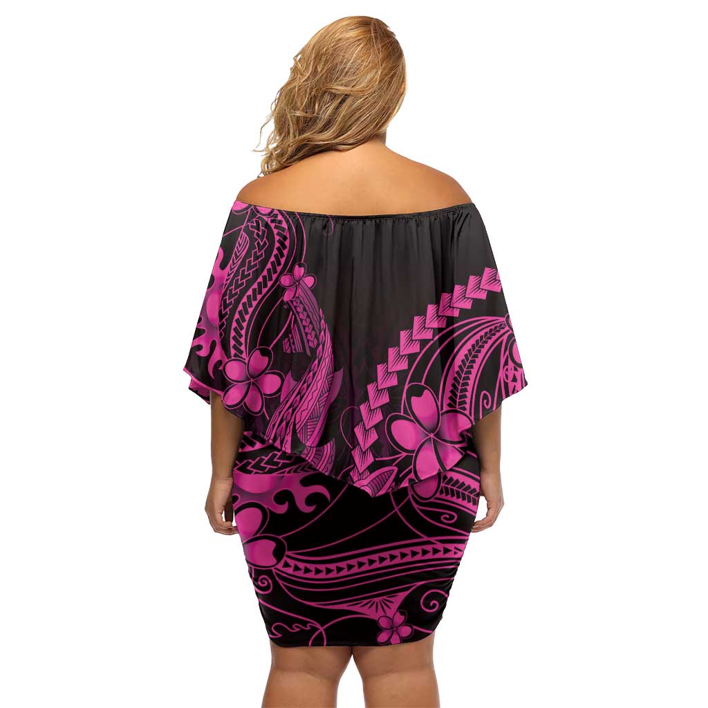 Pink Black Aloha Hawaii Family Matching Off Shoulder Short Dress and Hawaiian Shirt Polynesian Shark Tattoo With Plumeria LT14 - Polynesian Pride