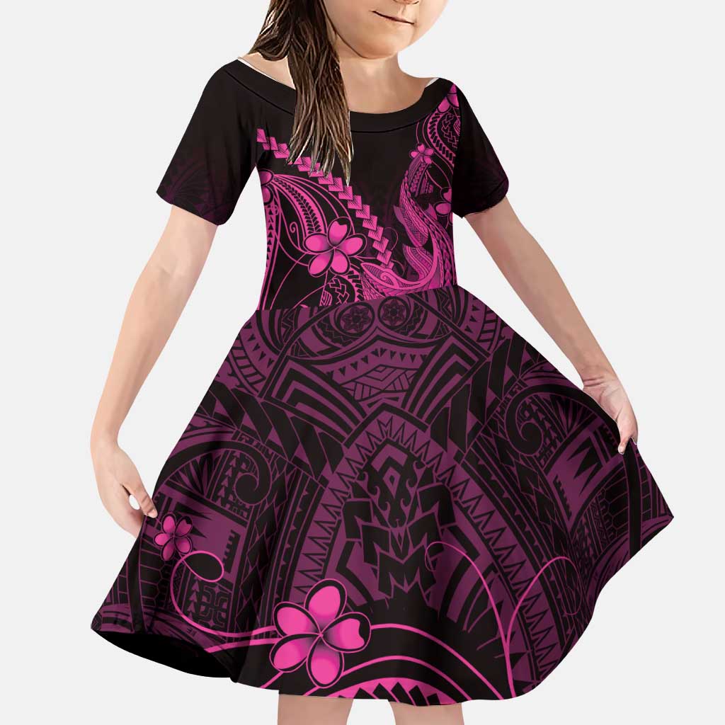 Pink Black Aloha Hawaii Family Matching Puletasi and Hawaiian Shirt Polynesian Shark Tattoo With Plumeria LT14 Daughter's Dress Pink - Polynesian Pride