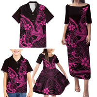 Pink Black Aloha Hawaii Family Matching Puletasi and Hawaiian Shirt Polynesian Shark Tattoo With Plumeria LT14 - Polynesian Pride