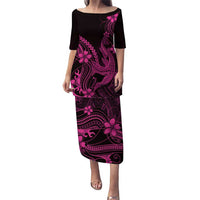 Pink Black Aloha Hawaii Family Matching Puletasi and Hawaiian Shirt Polynesian Shark Tattoo With Plumeria LT14 Mom's Dress Pink - Polynesian Pride
