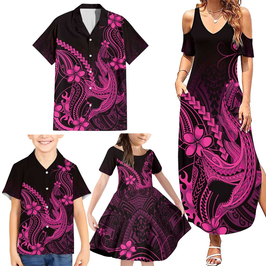 Pink Black Aloha Hawaii Family Matching Summer Maxi Dress and Hawaiian Shirt Polynesian Shark Tattoo With Plumeria LT14 - Polynesian Pride