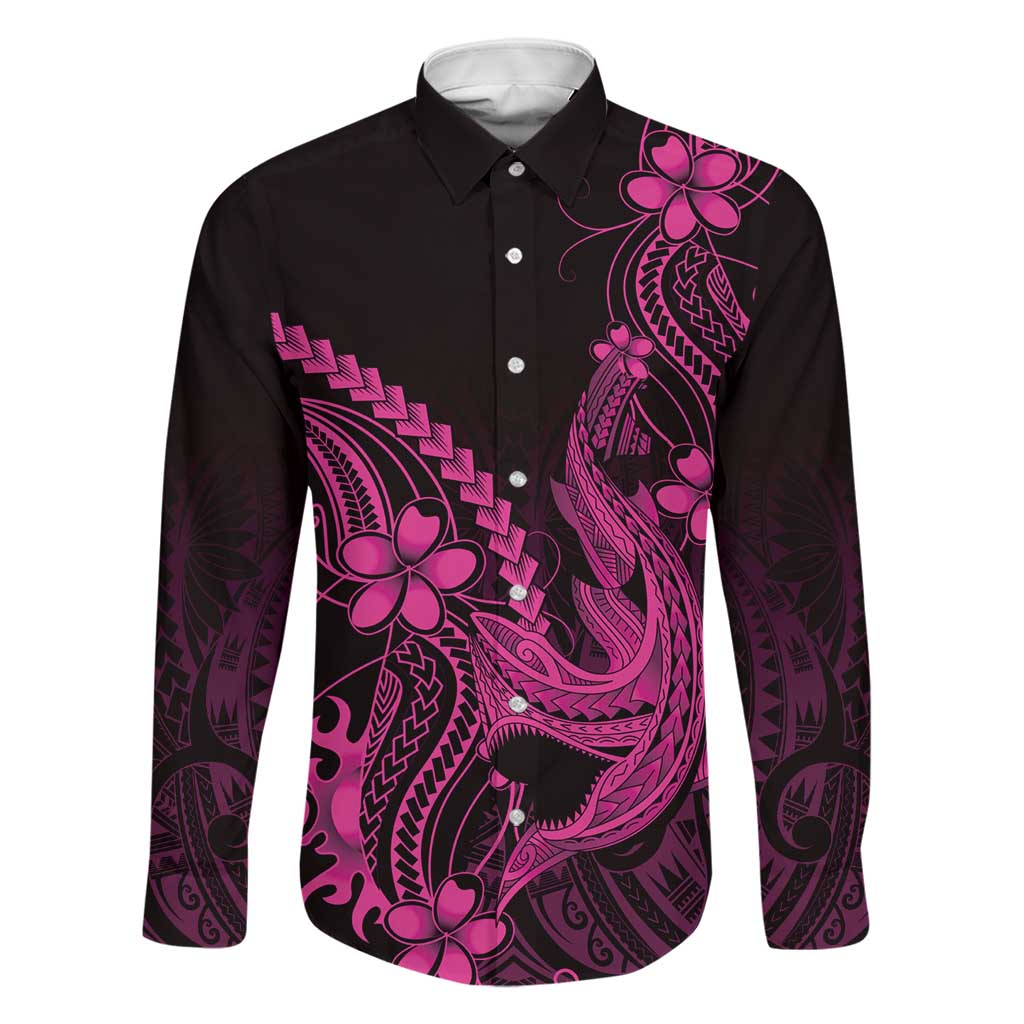 Pink Black Aloha Hawaii Family Matching Summer Maxi Dress and Hawaiian Shirt Polynesian Shark Tattoo With Plumeria LT14 Dad's Shirt - Long Sleeve Pink - Polynesian Pride