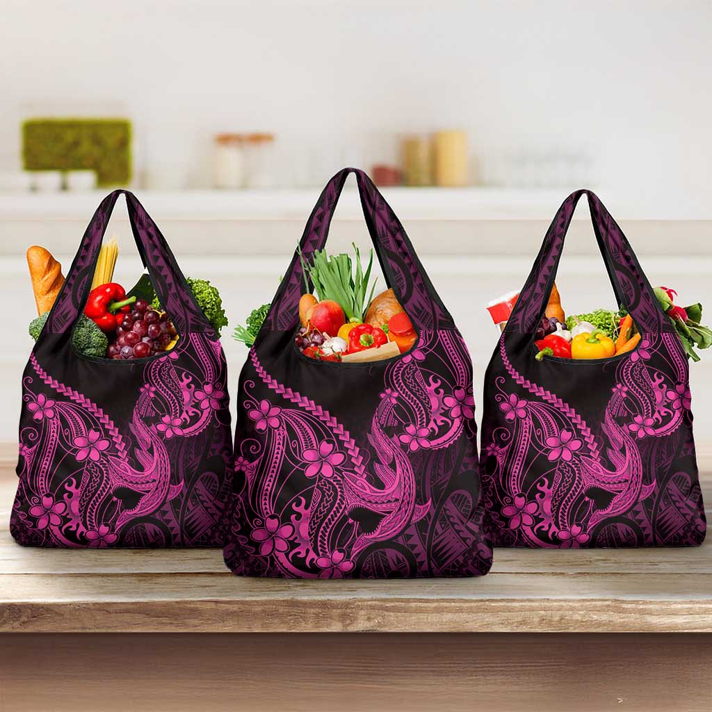 Pink Black Aloha Hawaii Grocery Bag Polynesian Shark Tattoo With Plumeria - Polynesian Pride