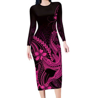 Pink Black Aloha Hawaii Long Sleeve Bodycon Dress Polynesian Shark Tattoo With Plumeria - Polynesian Pride