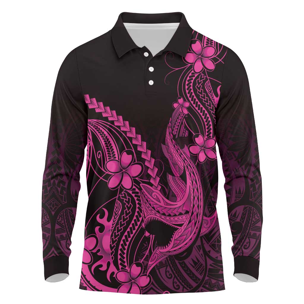 Pink Black Aloha Hawaii Long Sleeve Polo Shirt Polynesian Shark Tattoo With Plumeria LT14 Pink - Polynesian Pride