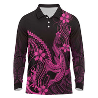 Pink Black Aloha Hawaii Long Sleeve Polo Shirt Polynesian Shark Tattoo With Plumeria LT14 Pink - Polynesian Pride