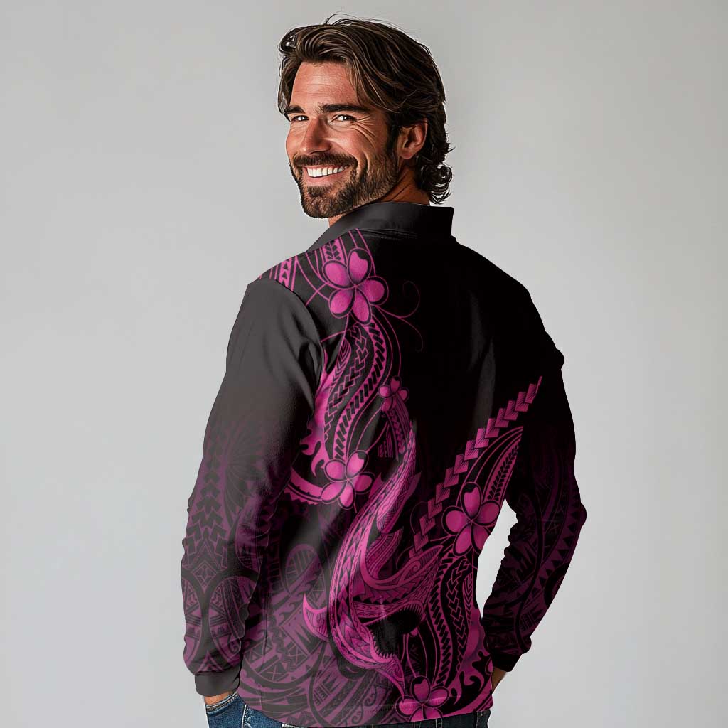 Pink Black Aloha Hawaii Long Sleeve Polo Shirt Polynesian Shark Tattoo With Plumeria LT14 - Polynesian Pride