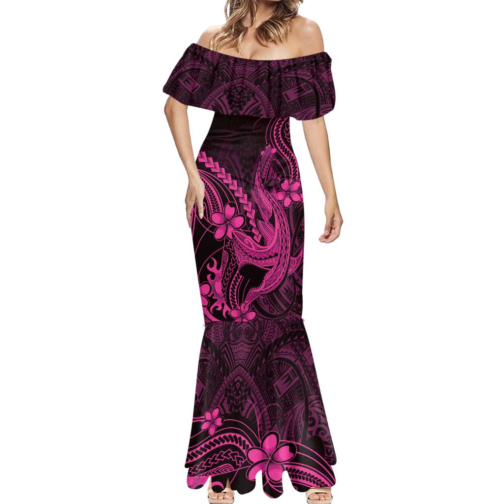 Pink Black Aloha Hawaii Mermaid Dress Polynesian Shark Tattoo With Plumeria - Polynesian Pride