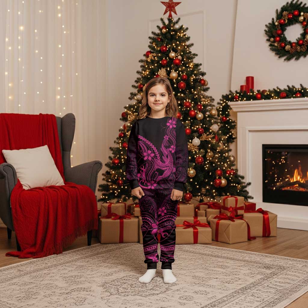 Pink Black Aloha Hawaii Christmas Pajama Set Polynesian Shark Tattoo With Plumeria - Polynesian Pride