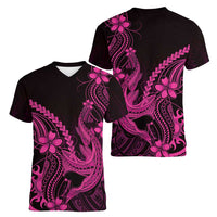Pink Black Aloha Hawaii Women V-Neck T-Shirt Polynesian Shark Tattoo With Plumeria - Polynesian Pride