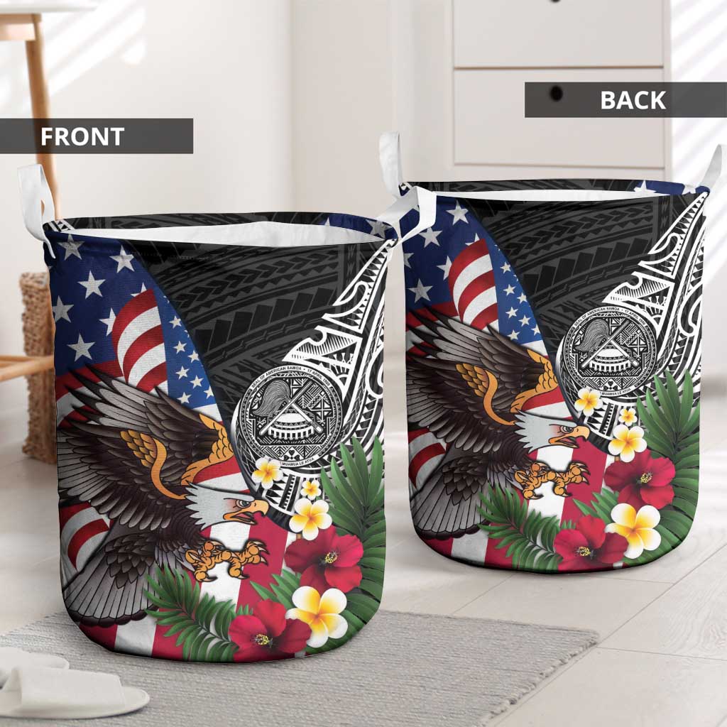 United States and American Samoa Laundry Basket USA Flag Eagle With Seal Tropical Flowers