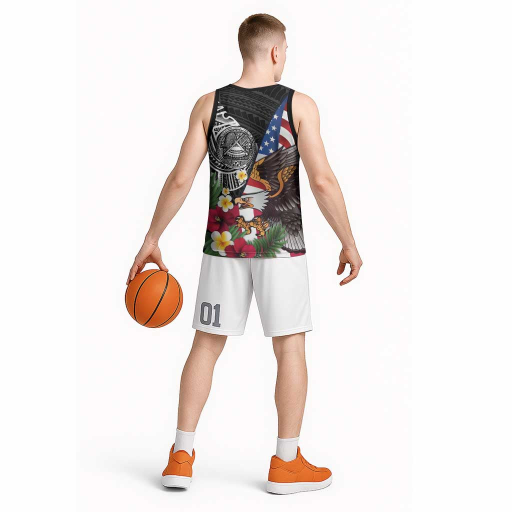 United States and American Samoa Basketball Jersey USA Flag Eagle With Seal Tropical Flowers
