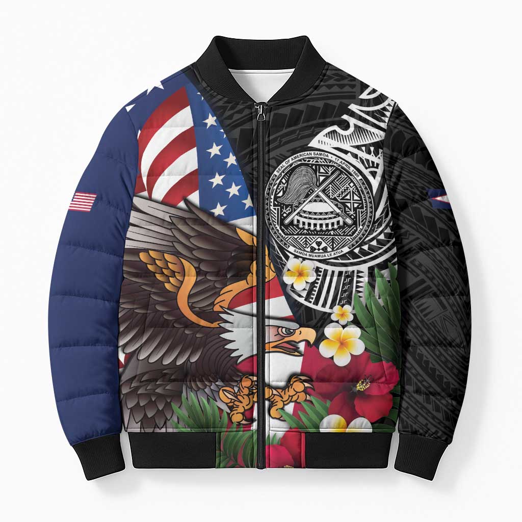United States and American Samoa Bomber Puffer Jacket USA Flag Eagle With Seal Tropical Flowers