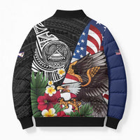 United States and American Samoa Bomber Puffer Jacket USA Flag Eagle With Seal Tropical Flowers
