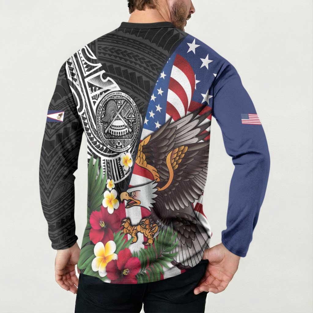 United States and American Samoa Button Sweatshirt USA Flag Eagle With Seal Tropical Flowers