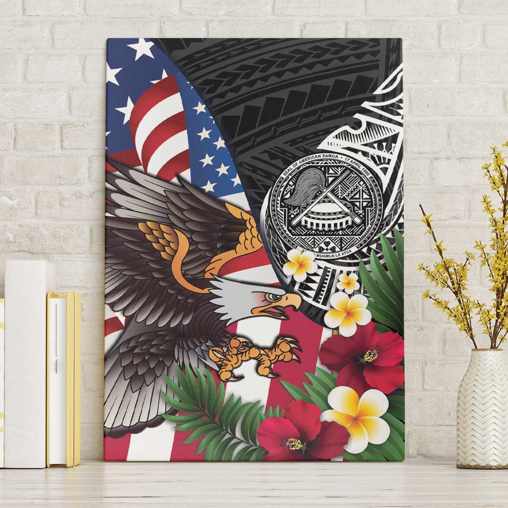 United States and American Samoa Canvas Wall Art USA Flag Eagle With Seal Tropical Flowers