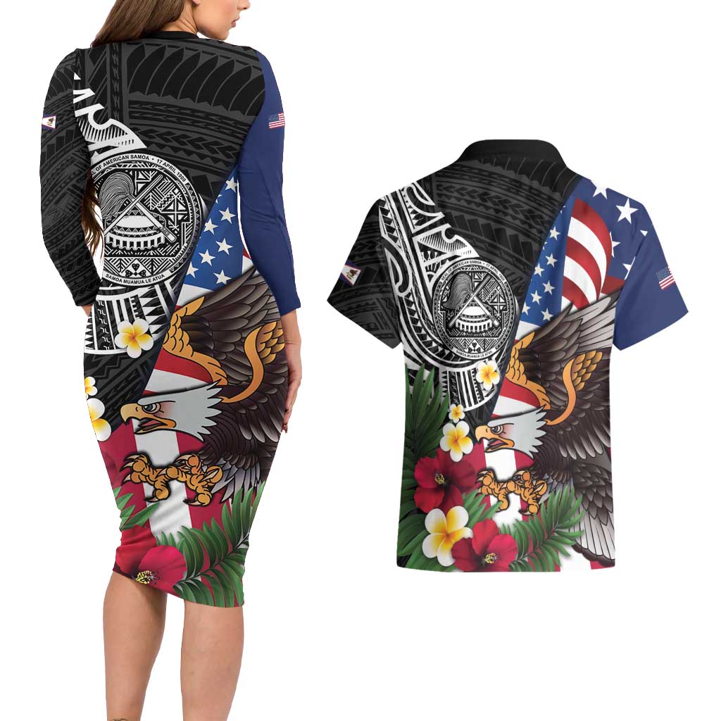 United States and American Samoa Couples Matching Long Sleeve Bodycon Dress and Hawaiian Shirt USA Flag Eagle With Seal Tropical Flowers LT14 - Polynesian Pride