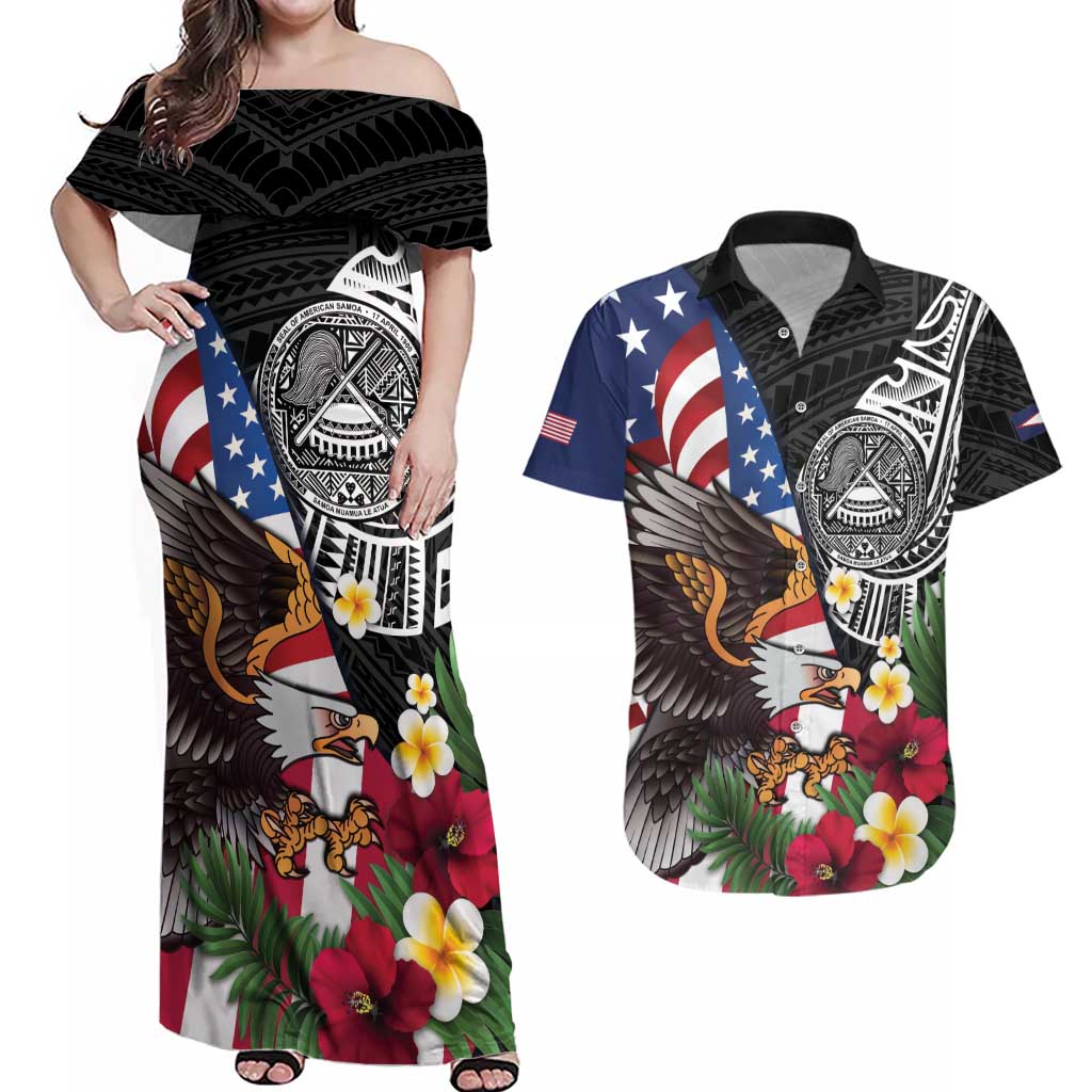 United States and American Samoa Couples Matching Off Shoulder Maxi Dress and Hawaiian Shirt USA Flag Eagle With Seal Tropical Flowers LT14 Black - Polynesian Pride