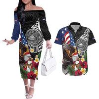 United States and American Samoa Couples Matching Off The Shoulder Long Sleeve Dress and Hawaiian Shirt USA Flag Eagle With Seal Tropical Flowers LT14 Black - Polynesian Pride