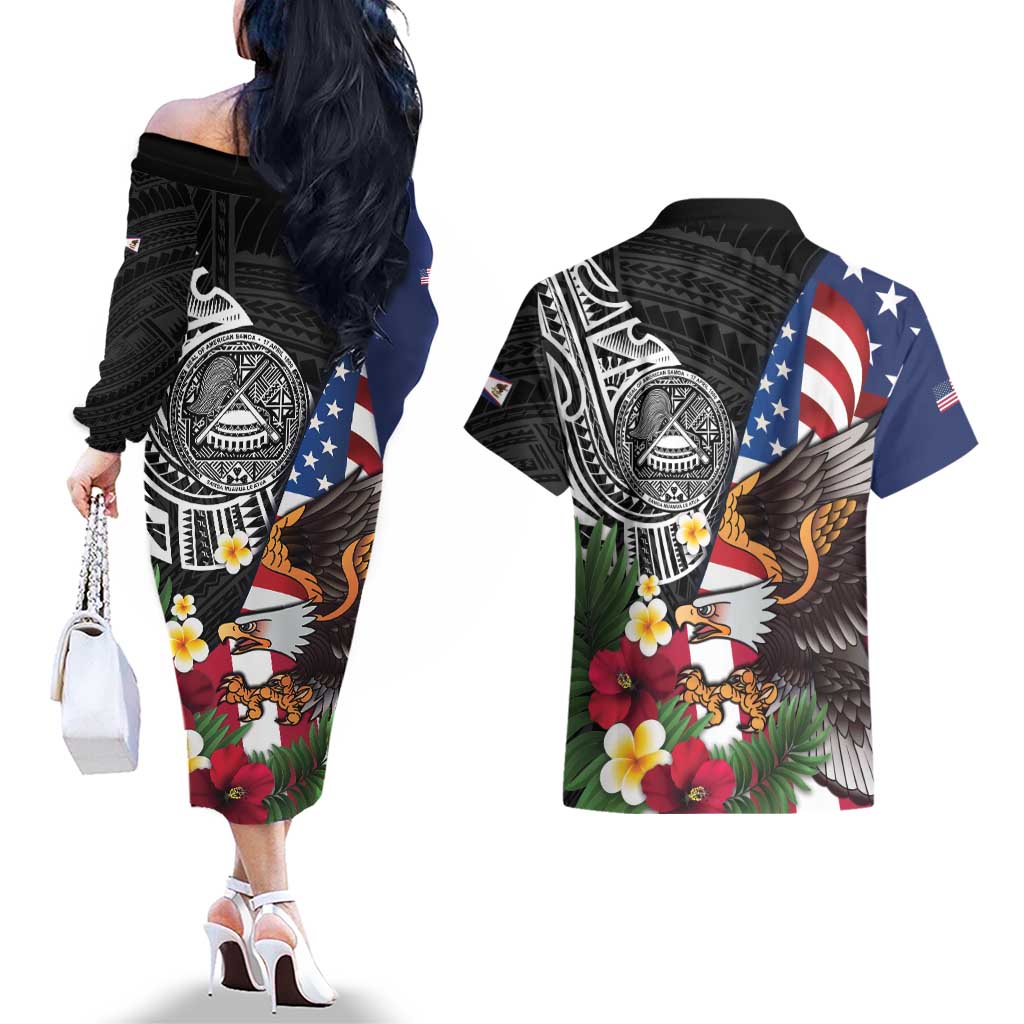 United States and American Samoa Couples Matching Off The Shoulder Long Sleeve Dress and Hawaiian Shirt USA Flag Eagle With Seal Tropical Flowers LT14 - Polynesian Pride