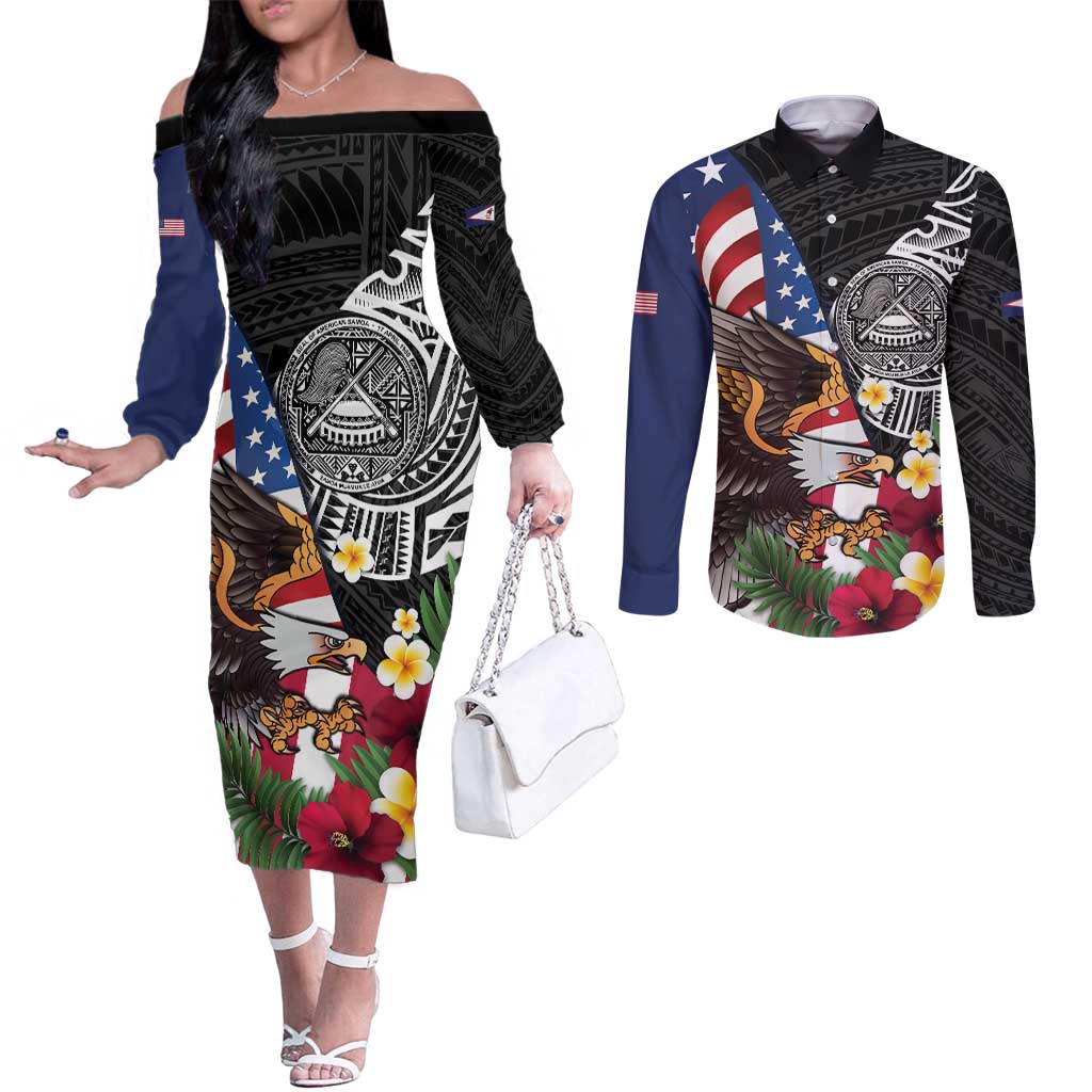 United States and American Samoa Couples Matching Off The Shoulder Long Sleeve Dress and Long Sleeve Button Shirt USA Flag Eagle With Seal Tropical Flowers LT14 Black - Polynesian Pride