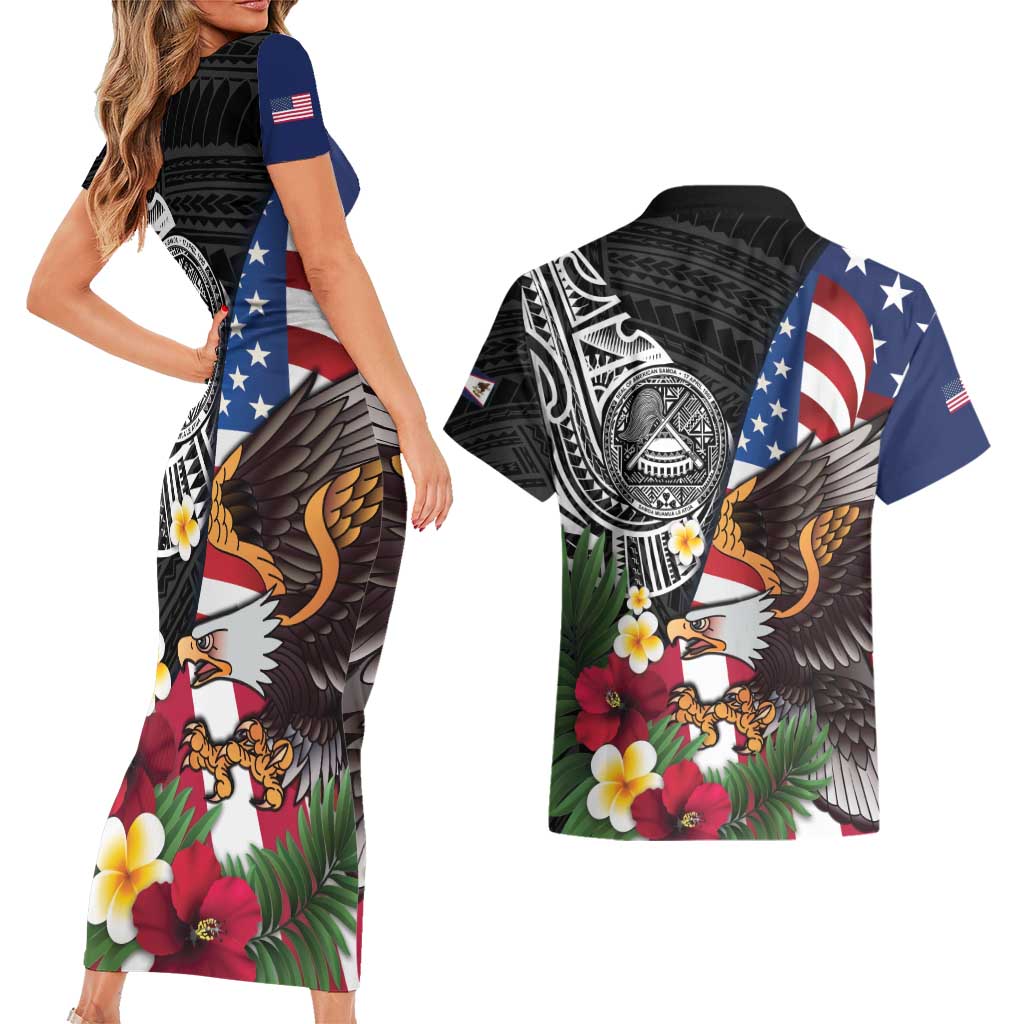 United States and American Samoa Couples Matching Short Sleeve Bodycon Dress and Hawaiian Shirt USA Flag Eagle With Seal Tropical Flowers LT14 - Polynesian Pride