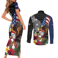 United States and American Samoa Couples Matching Short Sleeve Bodycon Dress and Long Sleeve Button Shirt USA Flag Eagle With Seal Tropical Flowers LT14 - Polynesian Pride