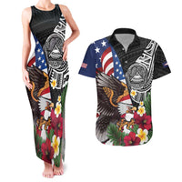 United States and American Samoa Couples Matching Tank Maxi Dress and Hawaiian Shirt USA Flag Eagle With Seal Tropical Flowers LT14 Black - Polynesian Pride