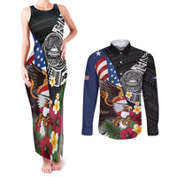 United States and American Samoa Couples Matching Tank Maxi Dress and Long Sleeve Button Shirt USA Flag Eagle With Seal Tropical Flowers LT14 Black - Polynesian Pride