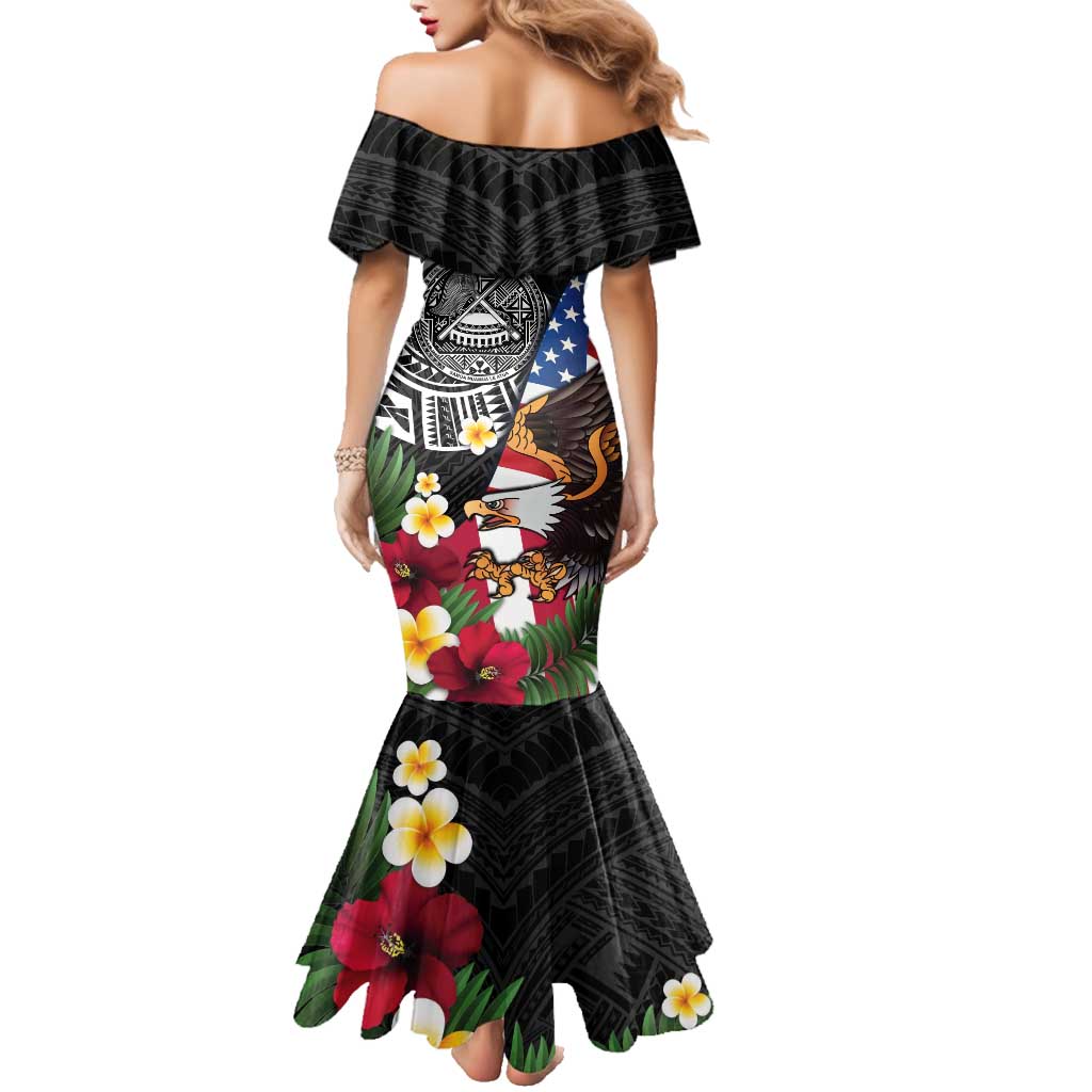 United States and American Samoa Family Matching Mermaid Dress and Hawaiian Shirt USA Flag Eagle With Seal Tropical Flowers LT14 - Polynesian Pride