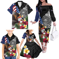 United States and American Samoa Family Matching Off The Shoulder Long Sleeve Dress and Hawaiian Shirt USA Flag Eagle With Seal Tropical Flowers LT14 - Polynesian Pride