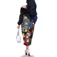 United States and American Samoa Family Matching Off The Shoulder Long Sleeve Dress and Hawaiian Shirt USA Flag Eagle With Seal Tropical Flowers LT14 - Polynesian Pride