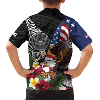 United States and American Samoa Family Matching Off Shoulder Maxi Dress and Hawaiian Shirt USA Flag Eagle With Seal Tropical Flowers LT14 - Polynesian Pride
