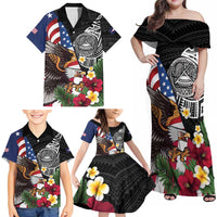 United States and American Samoa Family Matching Off Shoulder Maxi Dress and Hawaiian Shirt USA Flag Eagle With Seal Tropical Flowers LT14 - Polynesian Pride