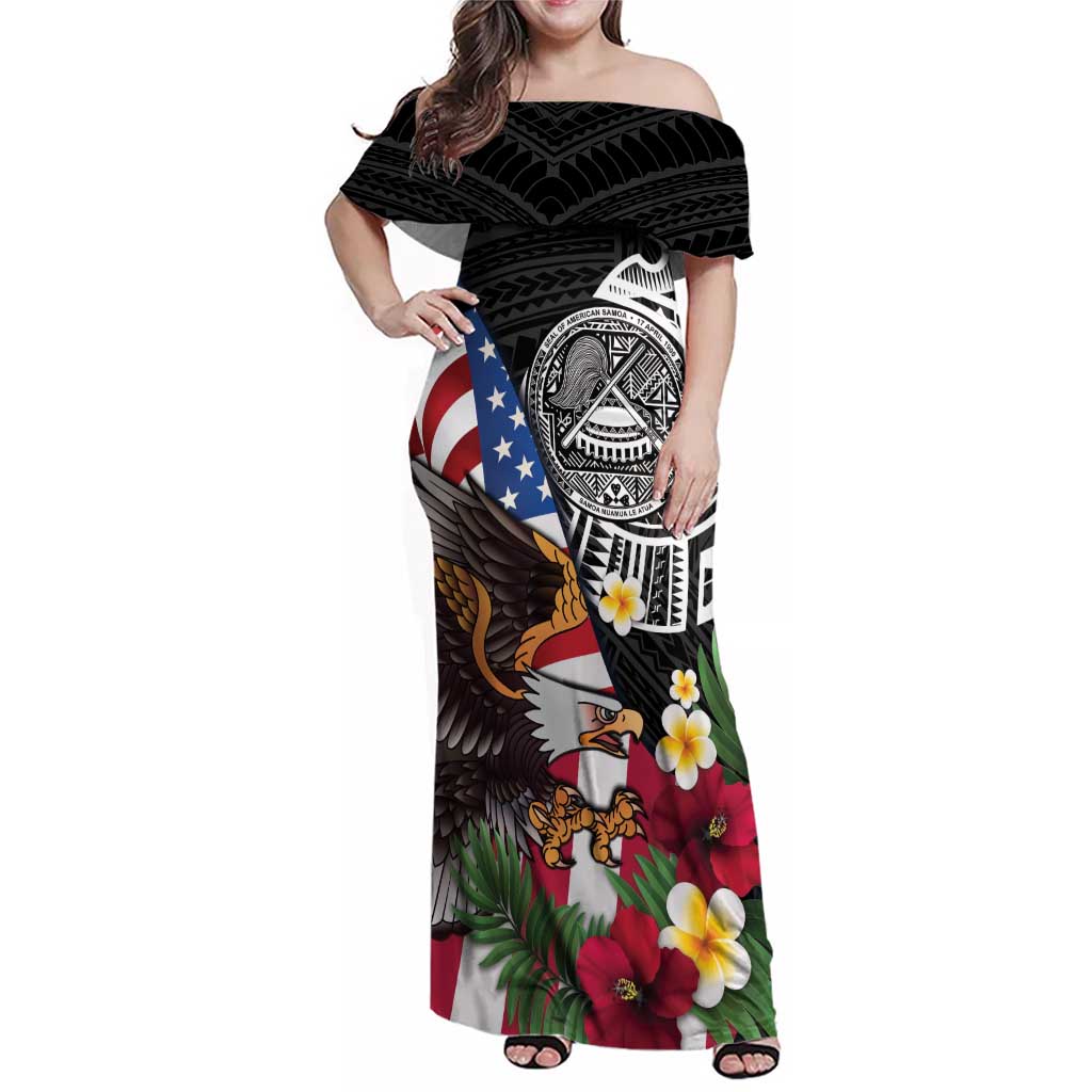 United States and American Samoa Family Matching Off Shoulder Maxi Dress and Hawaiian Shirt USA Flag Eagle With Seal Tropical Flowers LT14 Mom's Dress Black - Polynesian Pride
