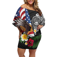 United States and American Samoa Family Matching Off Shoulder Short Dress and Hawaiian Shirt USA Flag Eagle With Seal Tropical Flowers LT14 Mom's Dress Black - Polynesian Pride