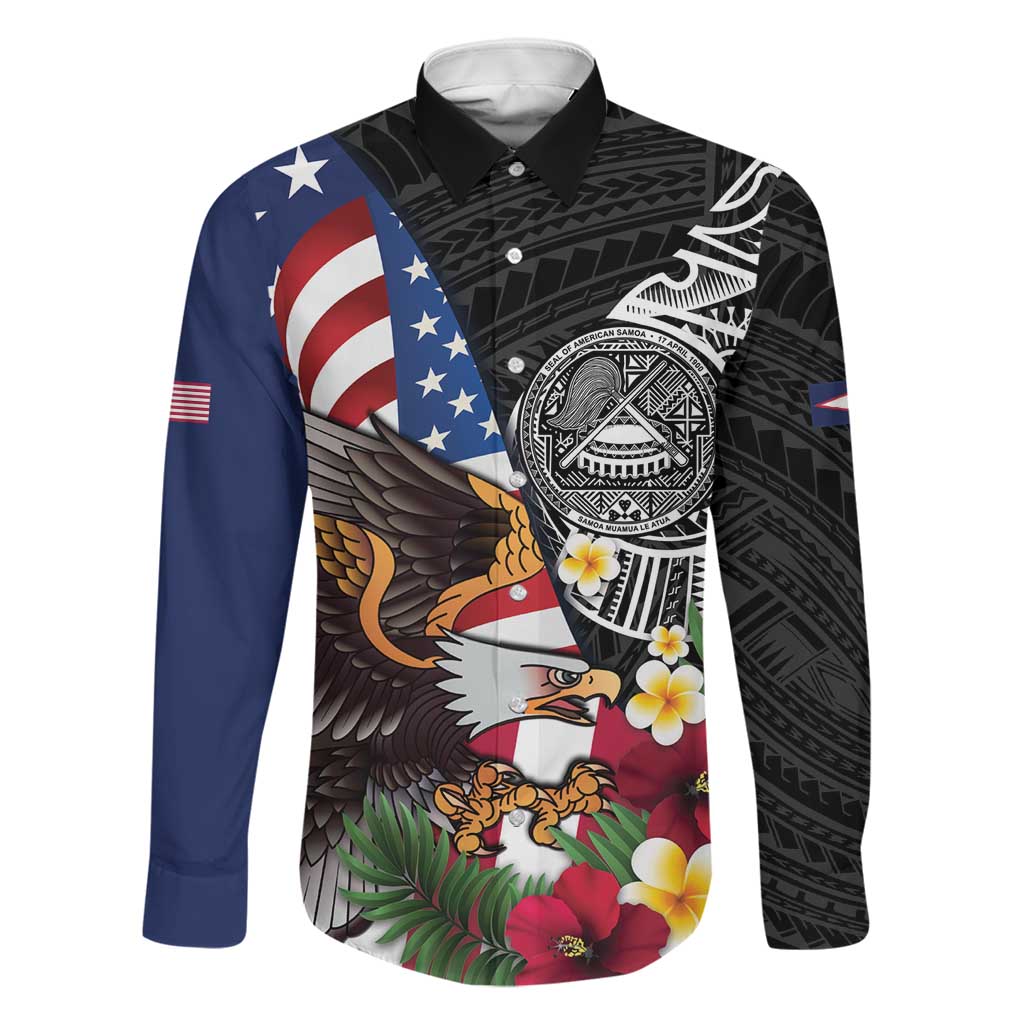 United States and American Samoa Family Matching Puletasi and Hawaiian Shirt USA Flag Eagle With Seal Tropical Flowers LT14 Dad's Shirt - Long Sleeve Black - Polynesian Pride