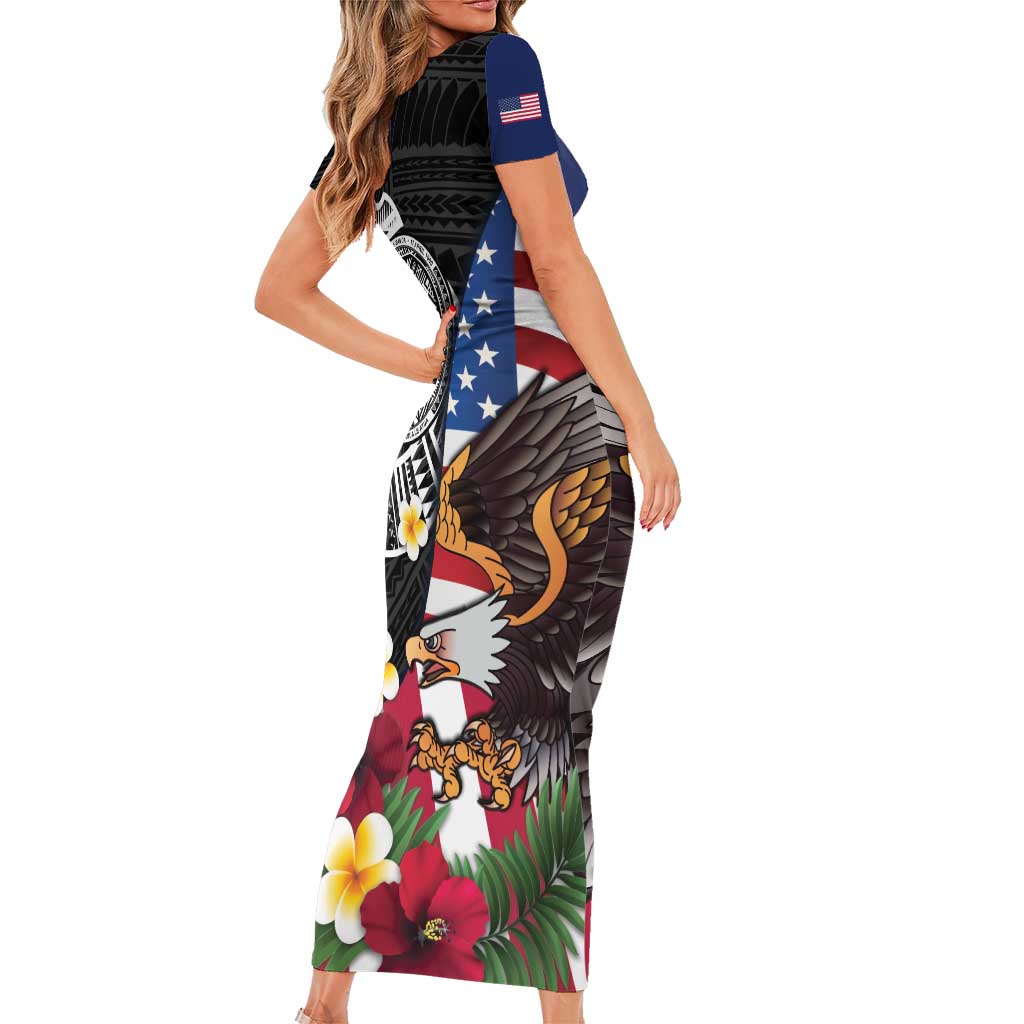United States and American Samoa Family Matching Short Sleeve Bodycon Dress and Hawaiian Shirt USA Flag Eagle With Seal Tropical Flowers LT14 - Polynesian Pride