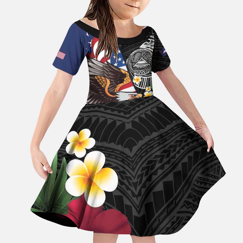 United States and American Samoa Family Matching Tank Maxi Dress and Hawaiian Shirt USA Flag Eagle With Seal Tropical Flowers LT14 Daughter's Dress Black - Polynesian Pride