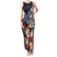 United States and American Samoa Family Matching Tank Maxi Dress and Hawaiian Shirt USA Flag Eagle With Seal Tropical Flowers LT14 Mom's Dress Black - Polynesian Pride