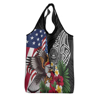 United States and American Samoa Grocery Bag USA Flag Eagle With Seal Tropical Flowers