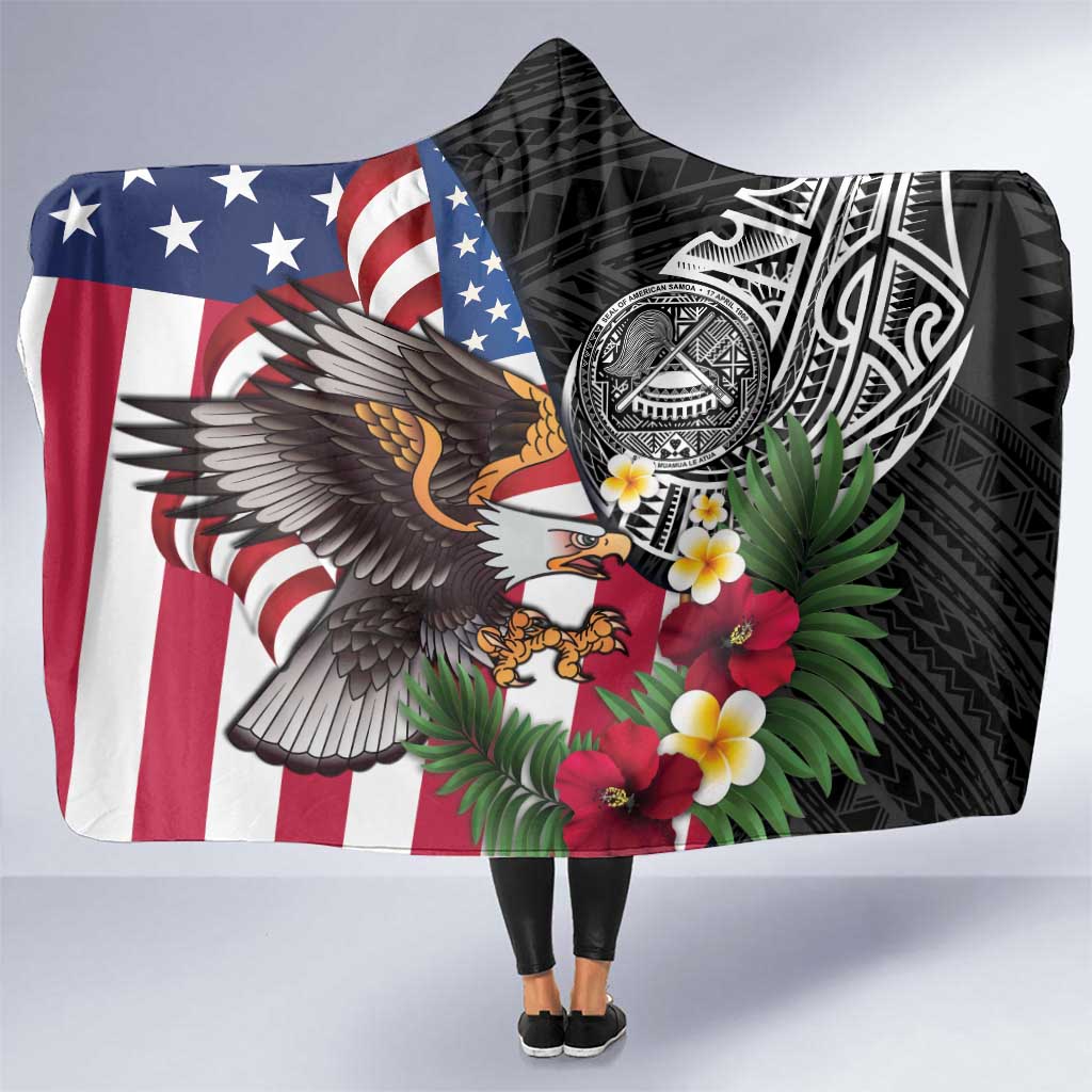 United States and American Samoa Hooded Blanket USA Flag Eagle With Seal Tropical Flowers